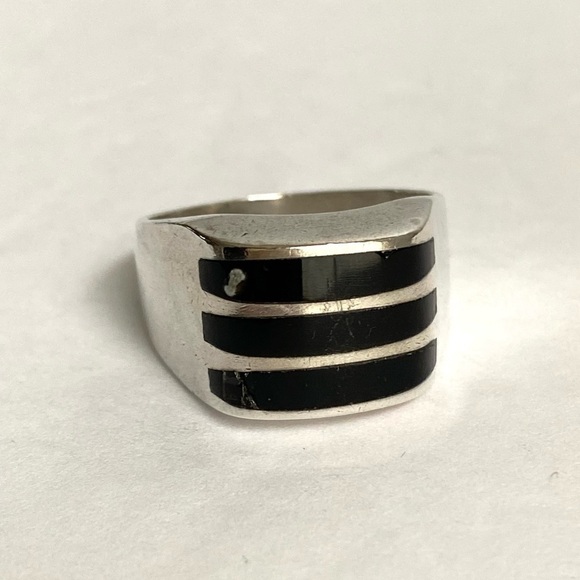 Vintage Sterling Silver Black Onyx Inlay Ring Mexico Heavy Solid Unisex Size 13 - Picture 7 of 15